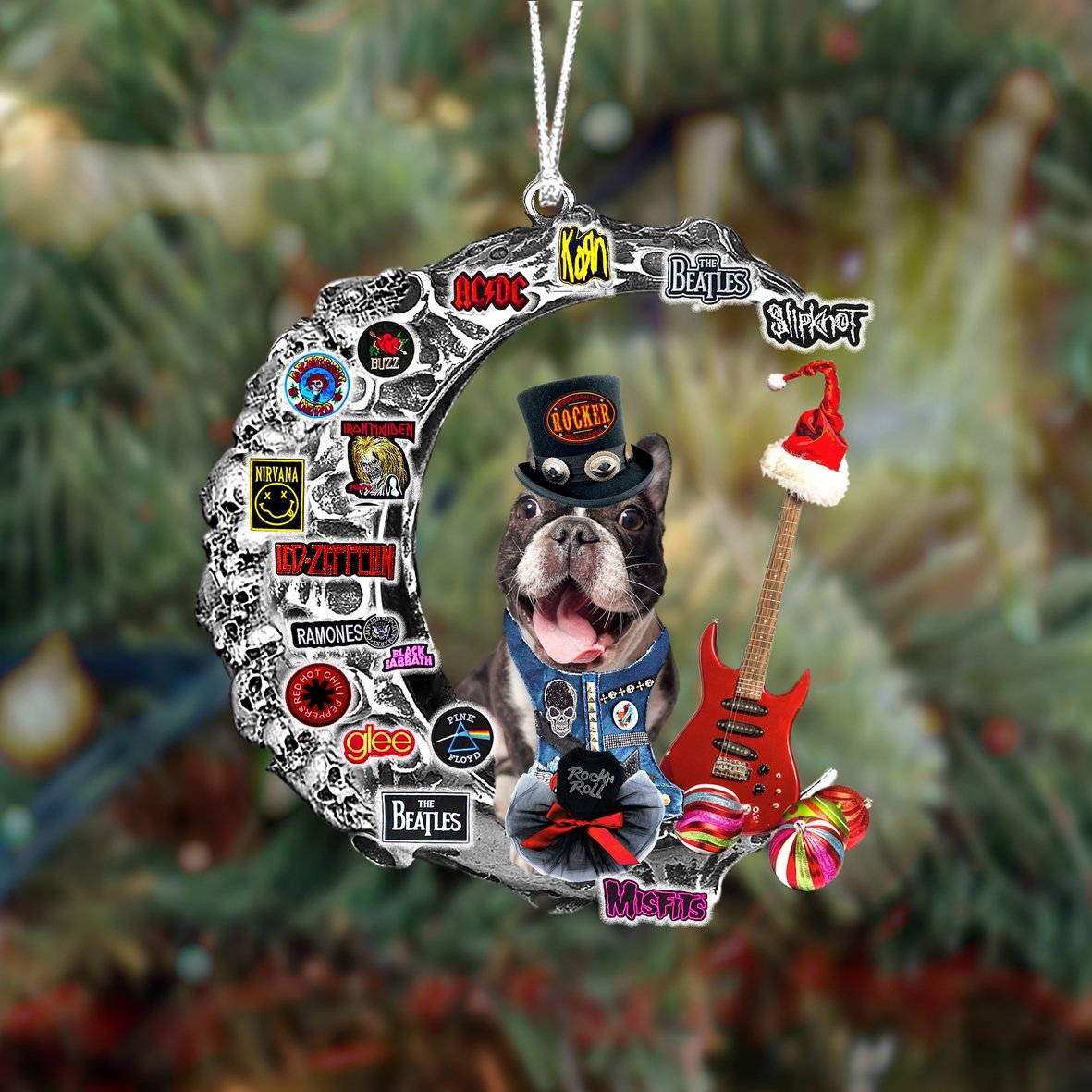 French Bulldog 2-Metal Rock in Christmas Two Sided Ornament