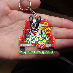 French Bulldog 2-Red Truck Flat Acrylic Keychain