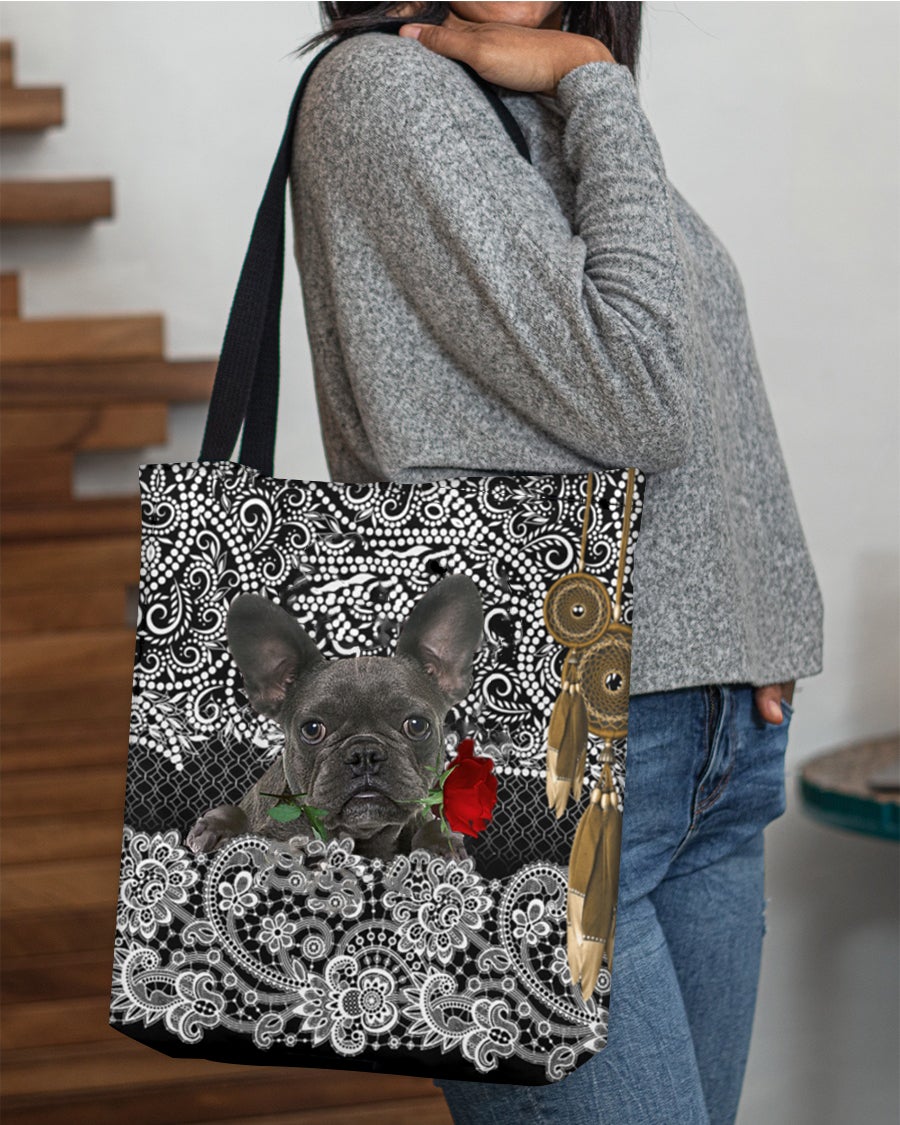 French Bulldog 3-Rose Cloth Tote Bag