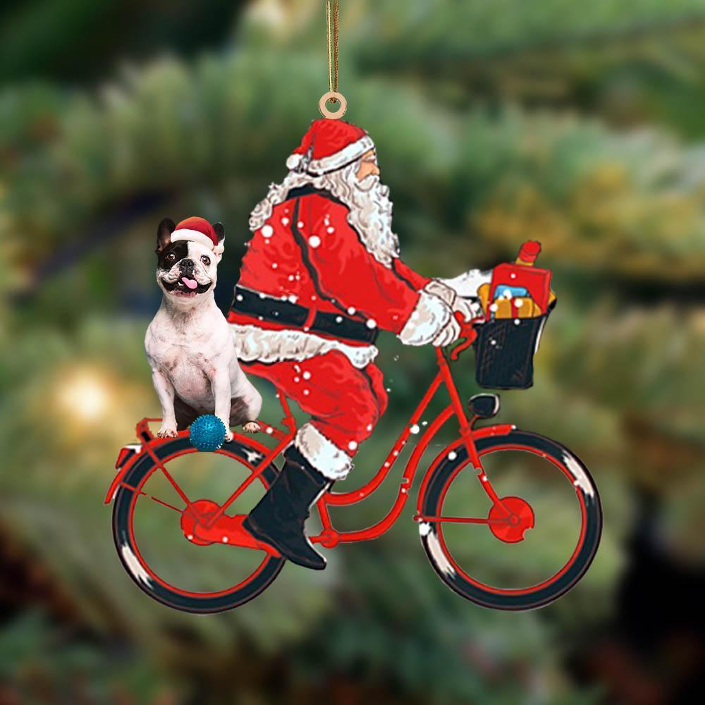 Santa Claus riding a bike with French Bulldog 3-Two Sided Ornament