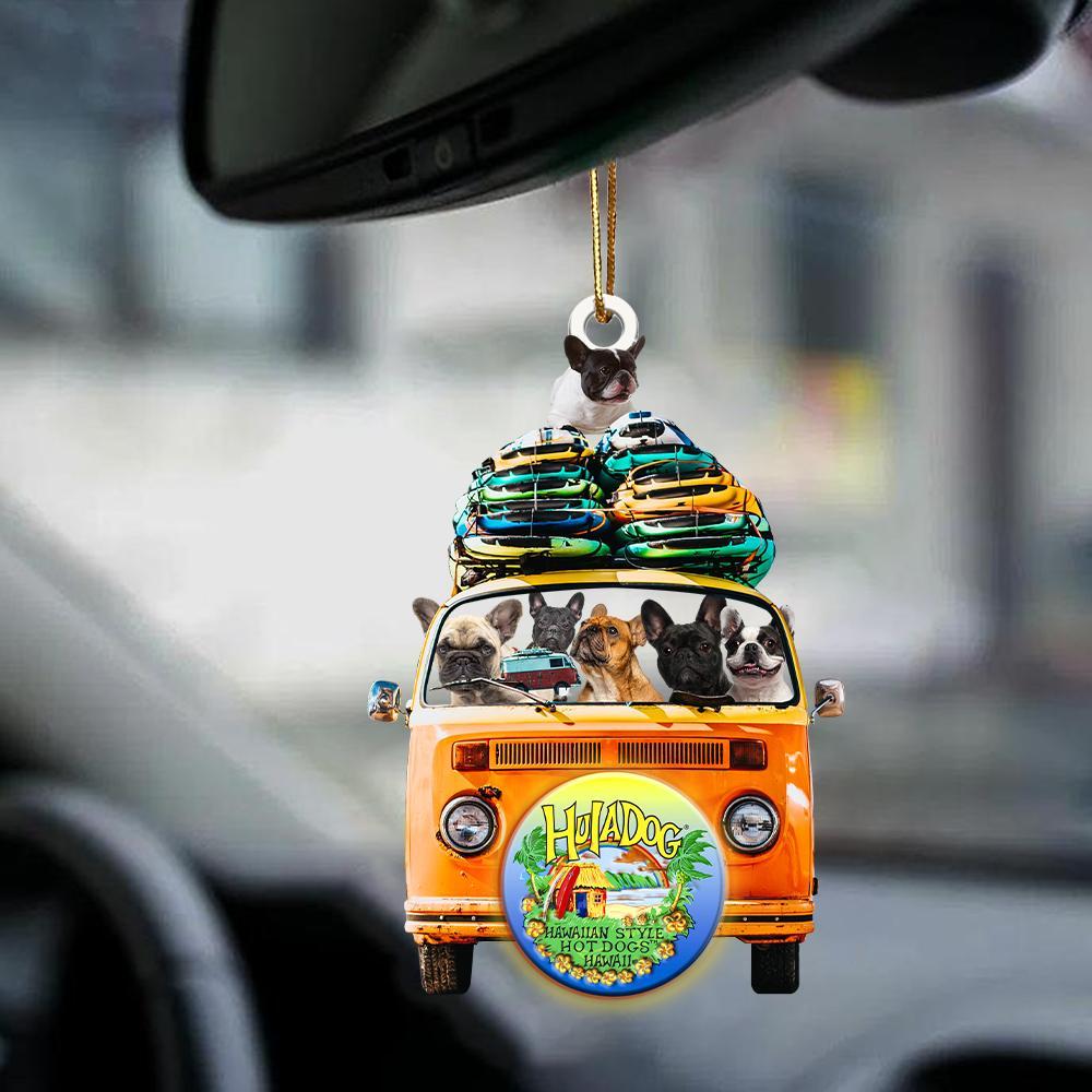 French Bulldog-Orange Hippie Van-Two Sided Ornament