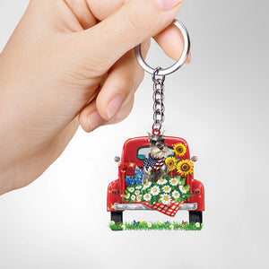 GREY Miniature Schnauzer-Red Truck Flat Acrylic Keychain