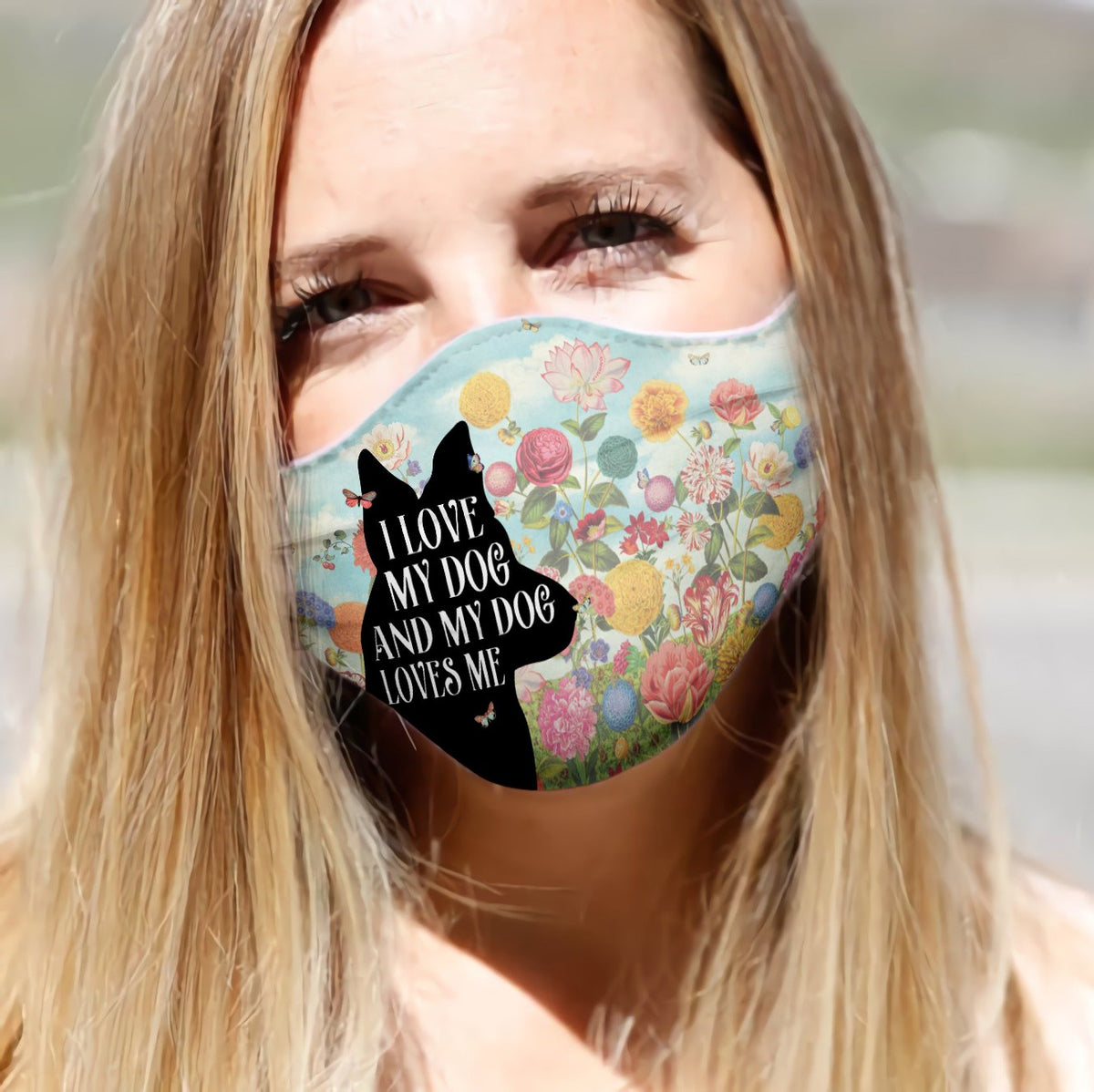 German Shepherd Silhouette I Love My Dog Floral EZ02 0206 Face Mask