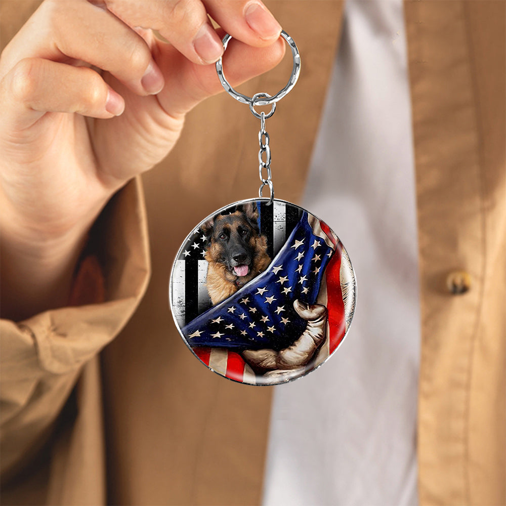 German Shepherd-Inside American Flag Independence Day Round Resin Epoxy Metal Keychain