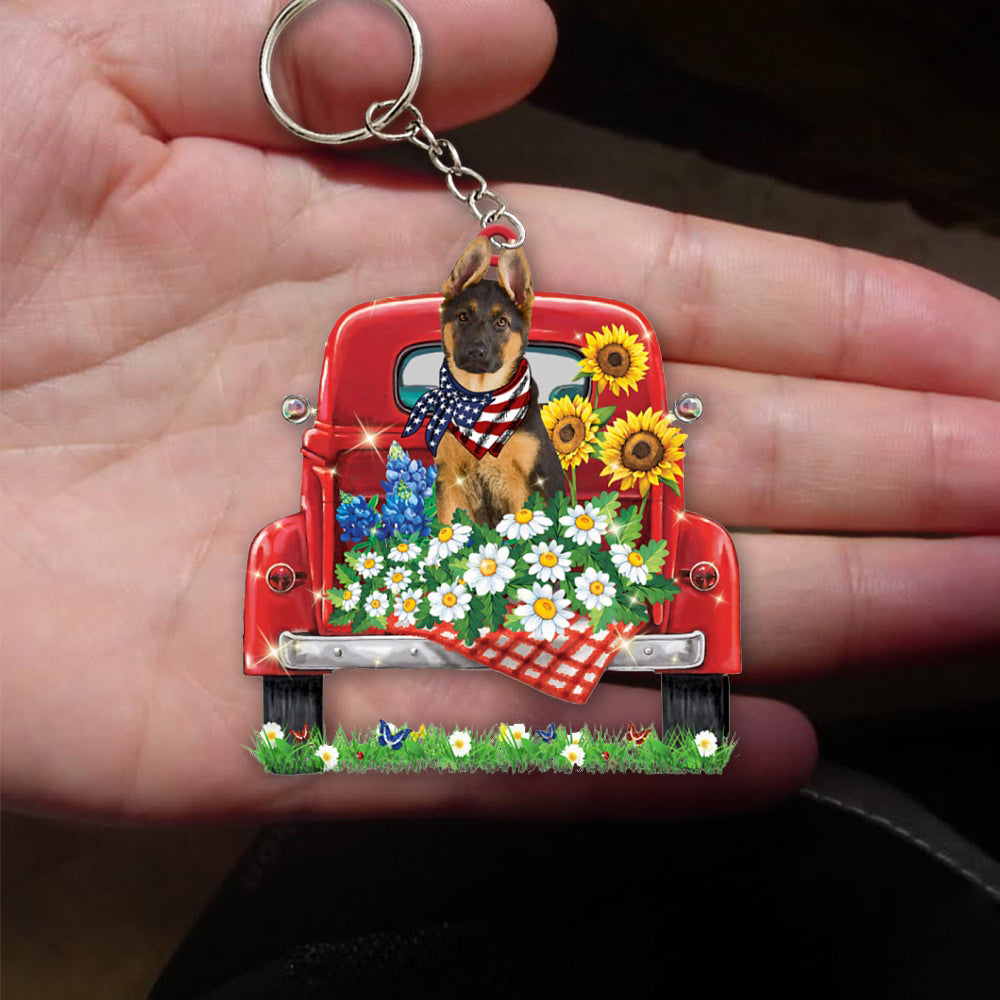 German Shepherd 1-Red Truck Flat Acrylic Keychain