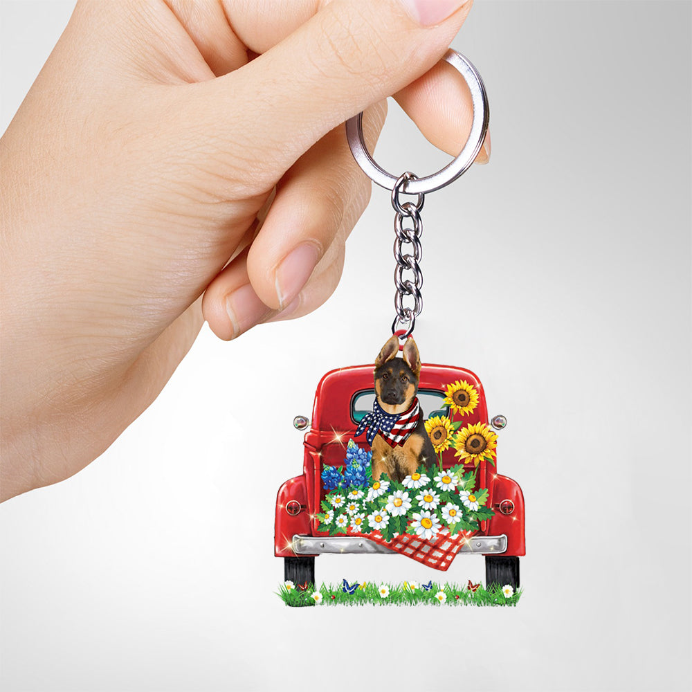 German Shepherd 1-Red Truck Flat Acrylic Keychain