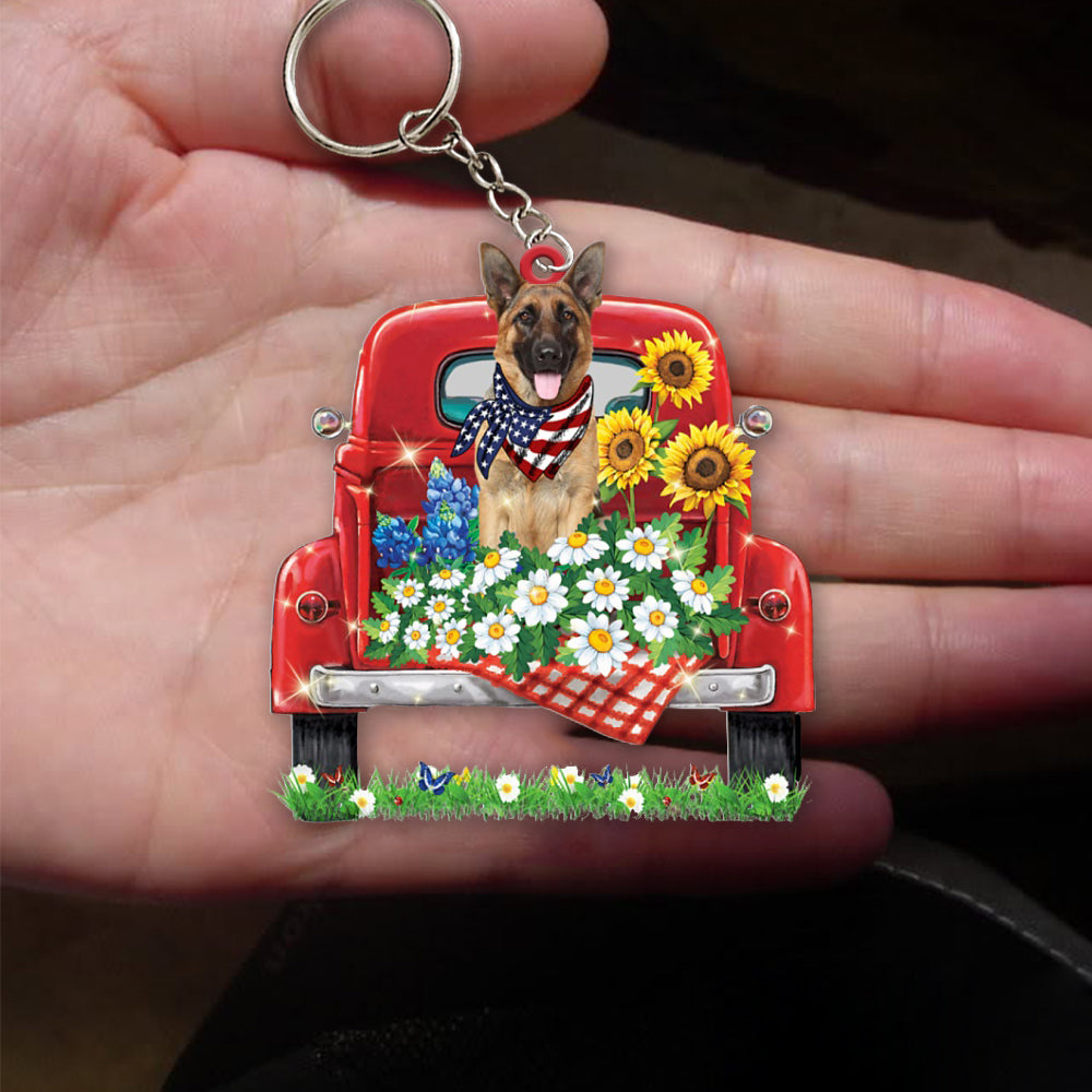 German Shepherd 2-Red Truck Flat Acrylic Keychain