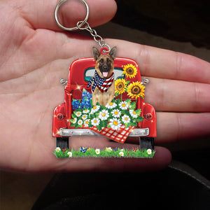 German Shepherd 2-Red Truck Flat Acrylic Keychain