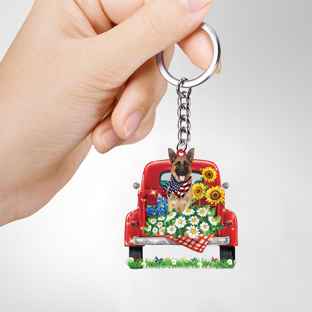 German Shepherd 2-Red Truck Flat Acrylic Keychain