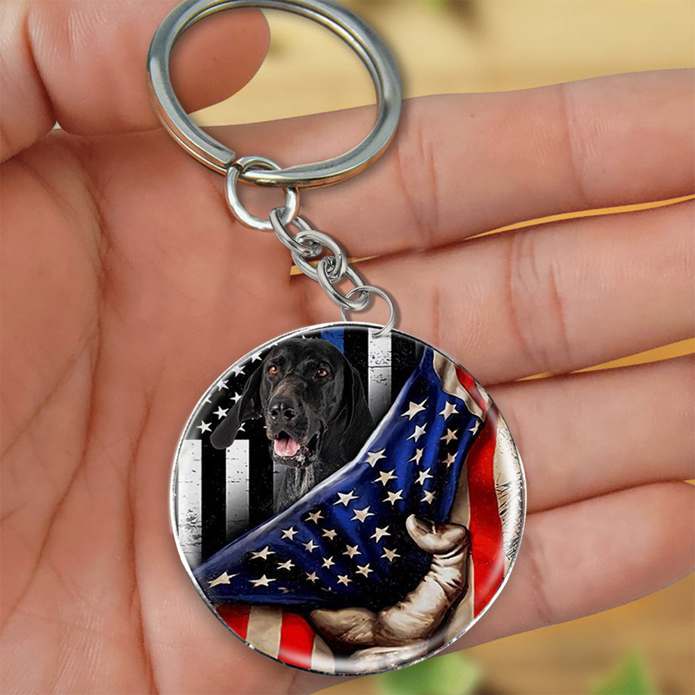 German Shorted Pointer-Inside American Flag Independence Day Round Resin Epoxy Metal Keychain