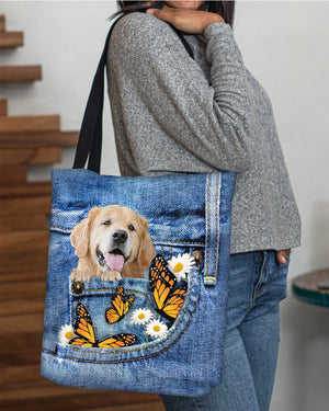 Golden-retriever-Butterfly Daisies Fait-CLOTH TOTE BAG