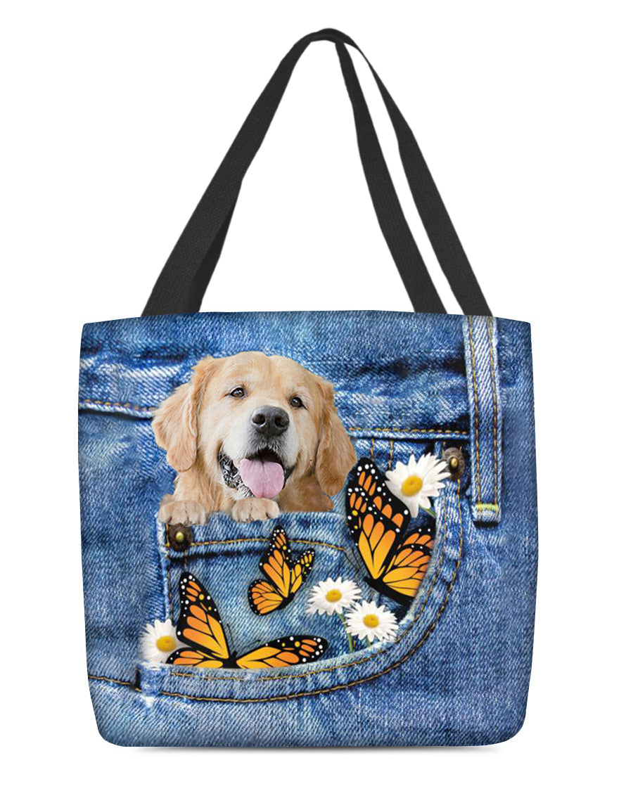 Golden-retriever-Butterfly Daisies Fait-CLOTH TOTE BAG