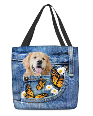 Golden-retriever-Butterfly Daisies Fait-CLOTH TOTE BAG