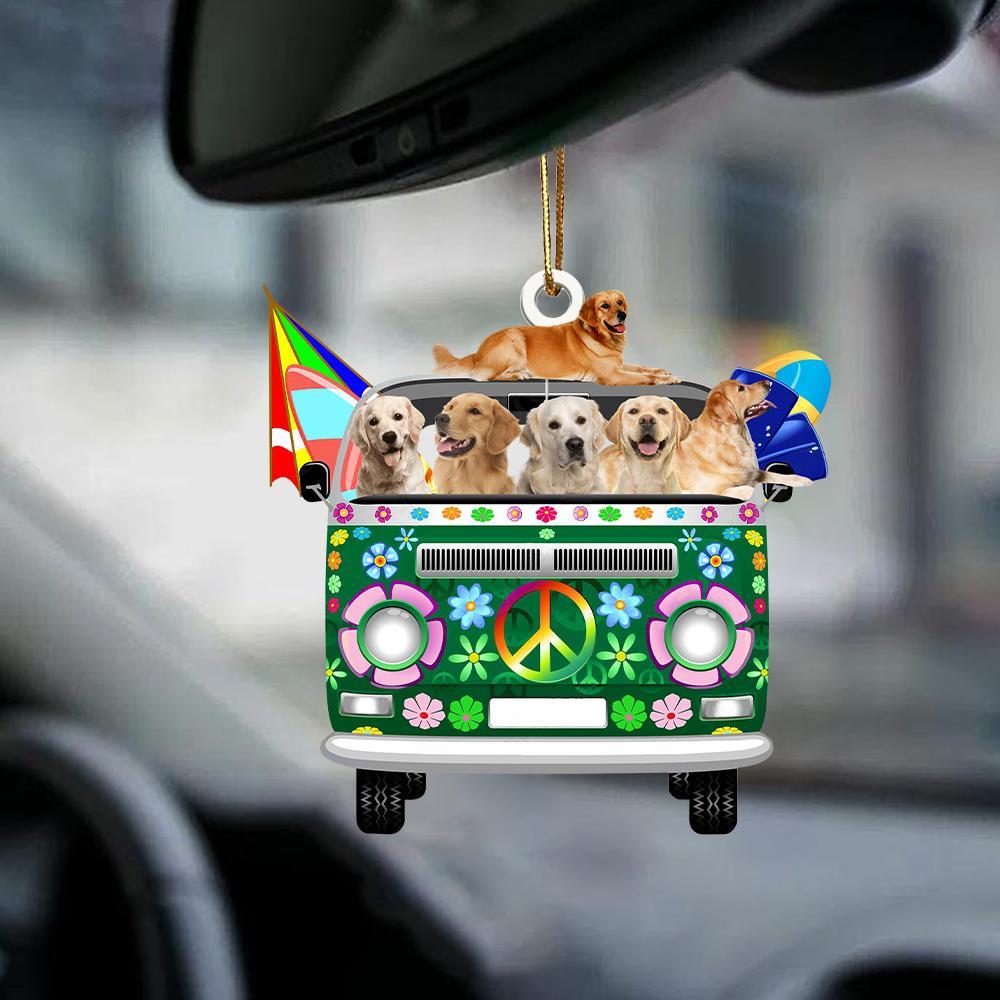 Golden Retriever-Green Hippie Van-Two Sided Ornament