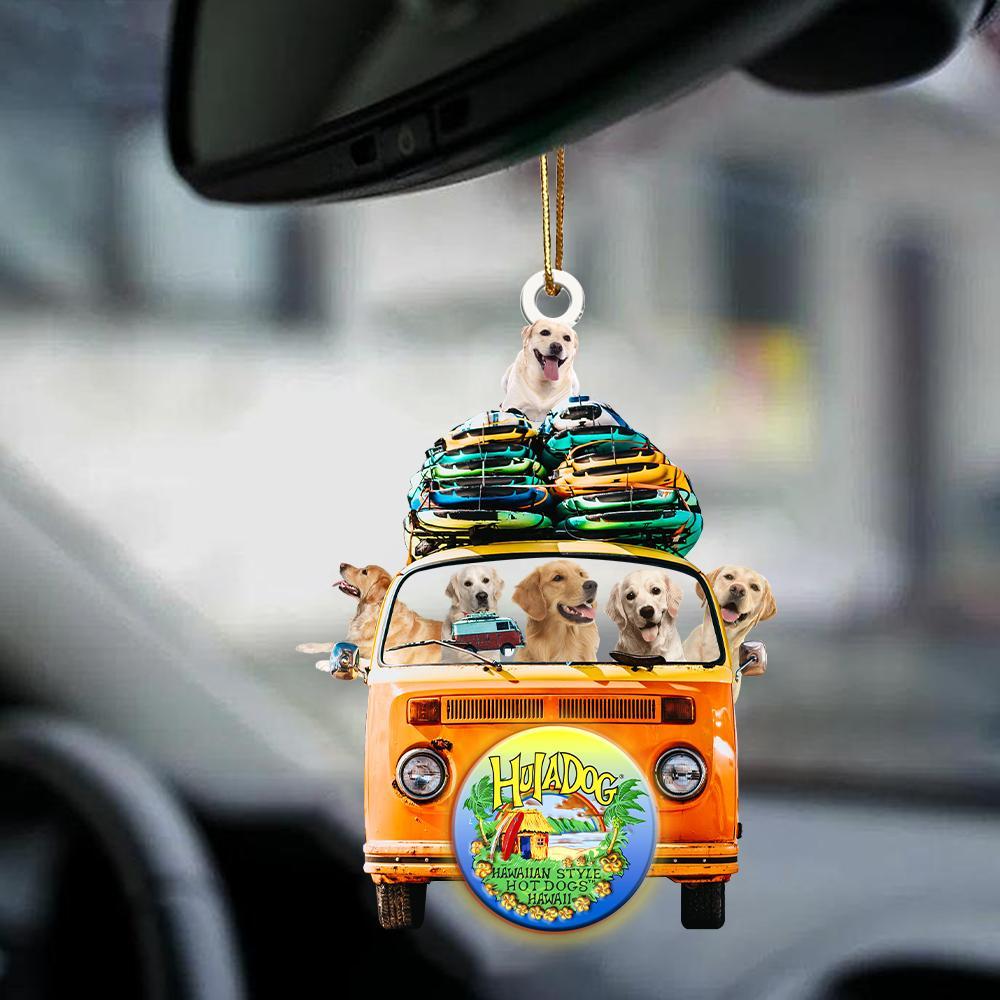 Golden Retriever-Orange Hippie Van-Two Sided Ornament