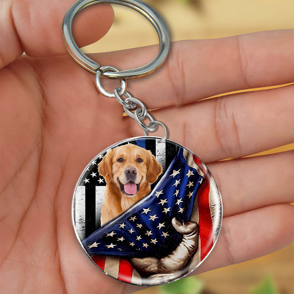 Golden Retriever-Inside American Flag Independence Day Round Resin Epoxy Metal Keychain