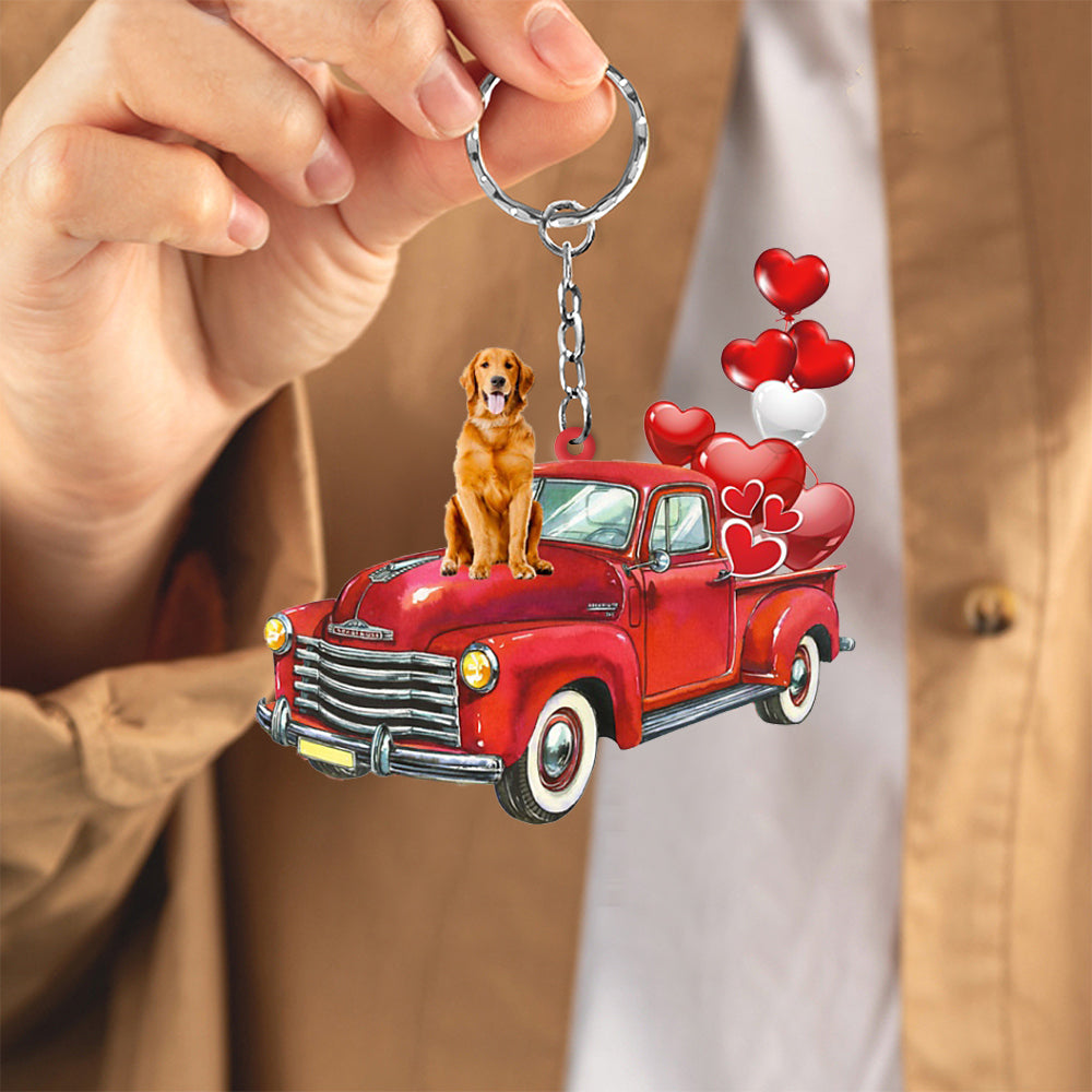 Golden Retriever-Red Sports Car flat Acrylic Keychain