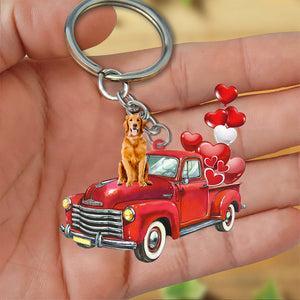 Golden Retriever-Red Sports Car flat Acrylic Keychain