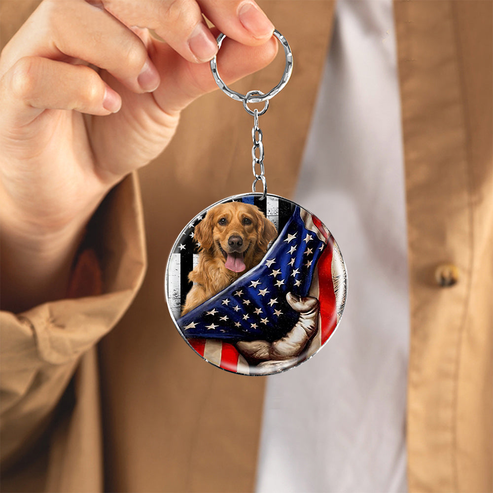 Golden Retriever 2-Inside American Flag Independence Day Round Resin Epoxy Metal Keychain