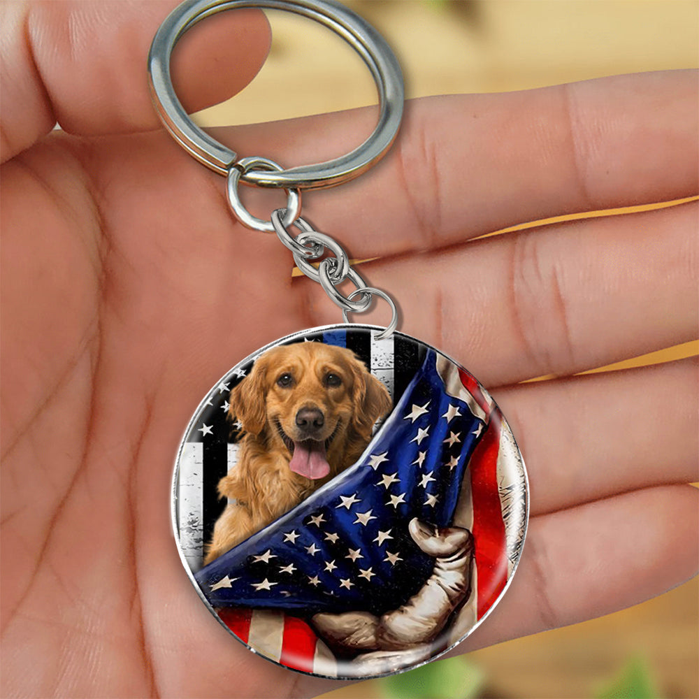 Golden Retriever 2-Inside American Flag Independence Day Round Resin Epoxy Metal Keychain