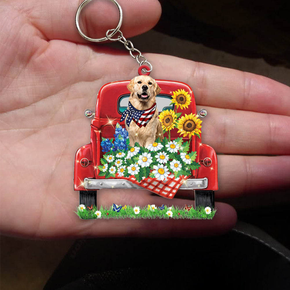 Golden Retriever 2-Red Truck Flat Acrylic Keychain