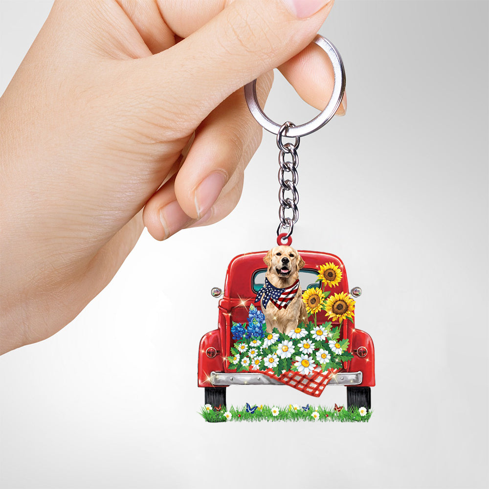 Golden Retriever 2-Red Truck Flat Acrylic Keychain