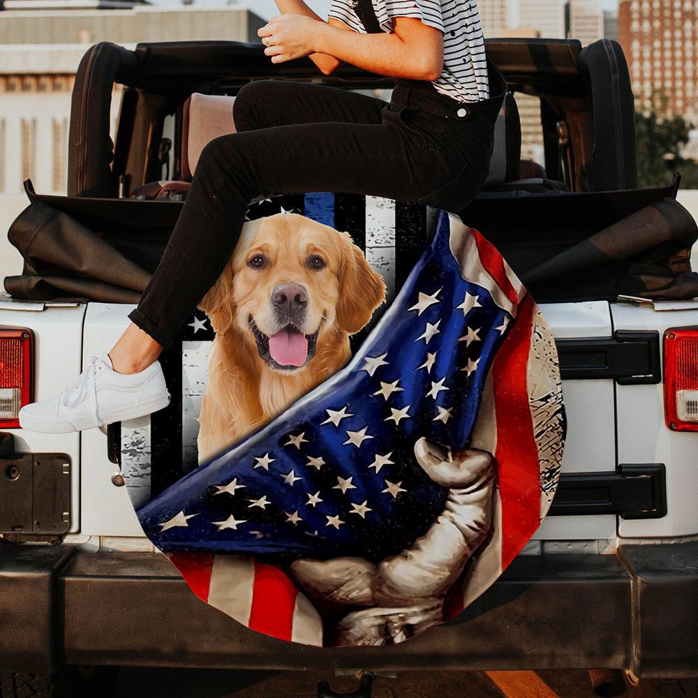 Golden Retriever Inside American Flag Independence Day Spare Tire Cover