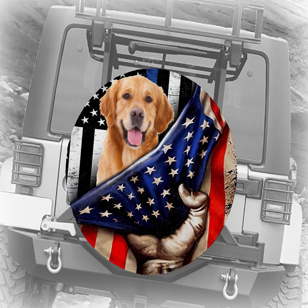 Golden Retriever Inside American Flag Independence Day Spare Tire Cover