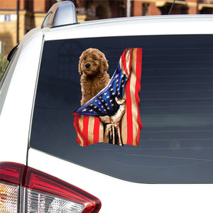 Goldendoodle-American Flag Front Car Sticker