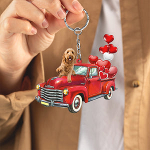 Goldendoodle-Red Sports Car flat Acrylic Keychain