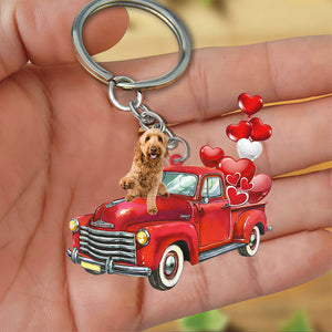 Goldendoodle-Red Sports Car flat Acrylic Keychain