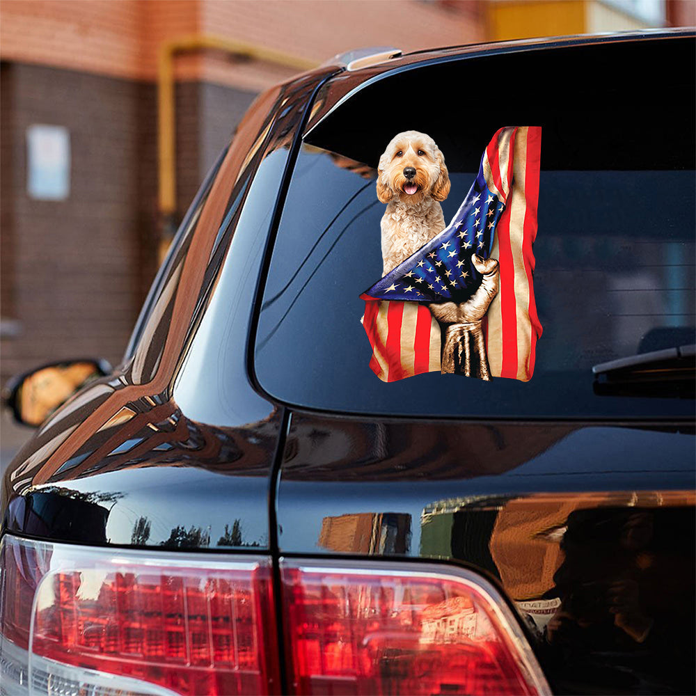 Goldendoodle 2-American Flag Front Car Sticker