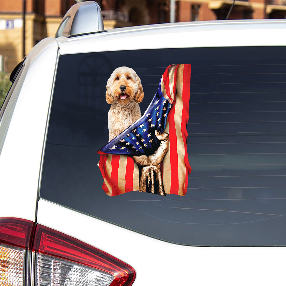 Goldendoodle 2-American Flag Front Car Sticker