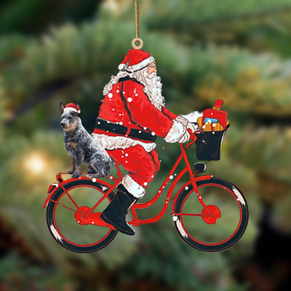 Santa Claus riding a bike with Heeler-Two Sided Ornament