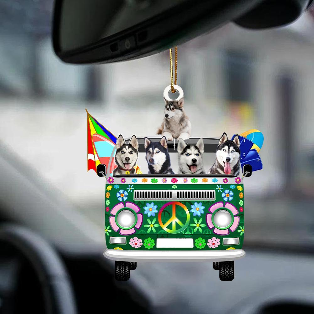 Husky-Green Hippie Van-Two Sided Ornament