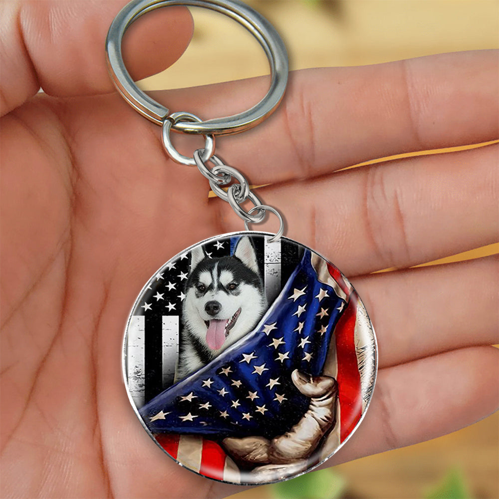 Husky-Inside American Flag Independence Day Round Resin Epoxy Metal Keychain
