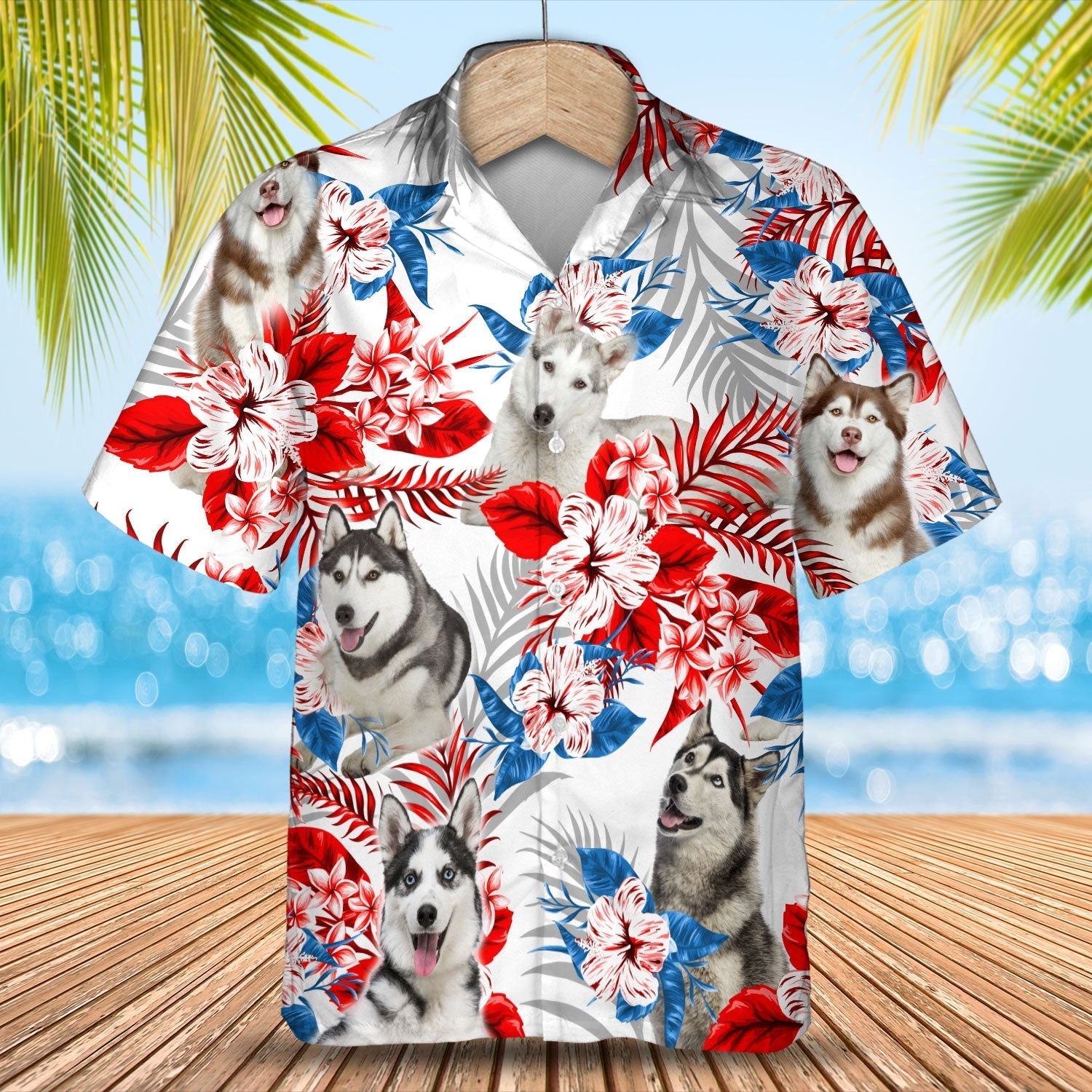 Husky American Flag Hawaiian Shirt