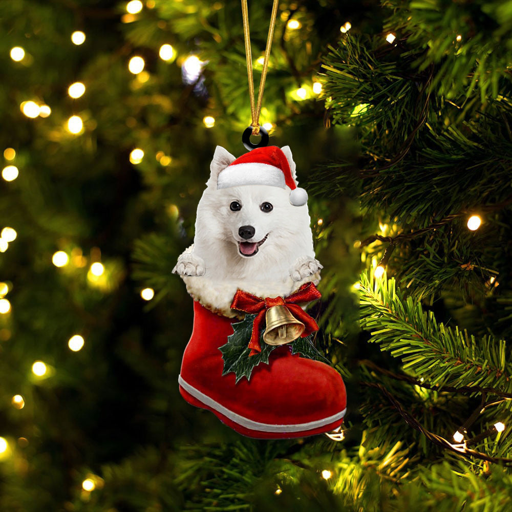 Japanese Spitz-1-In Santa Boot Christmas-Two Sided Ornament