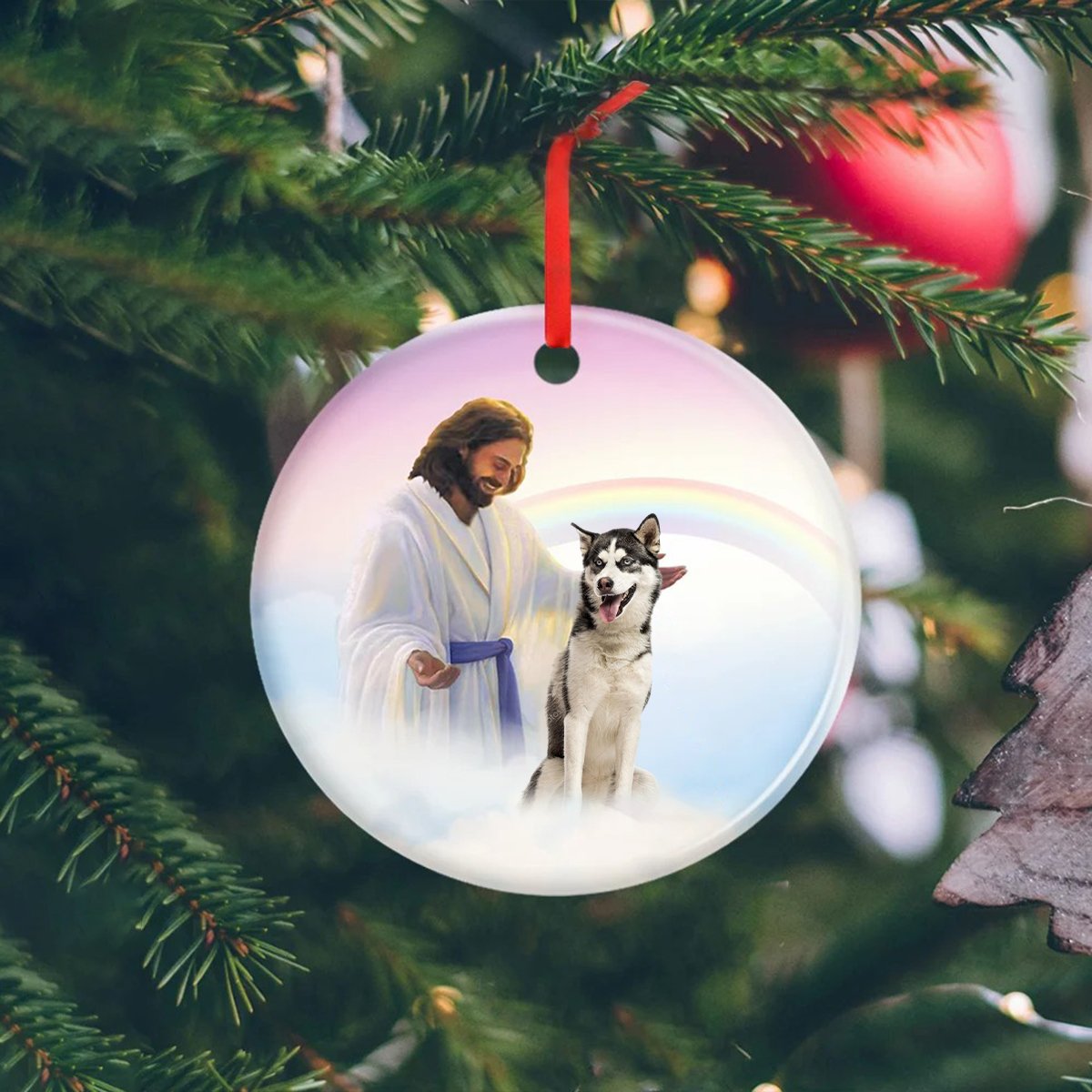 Jesus Holding Siberian Husky Ceramic Ornament