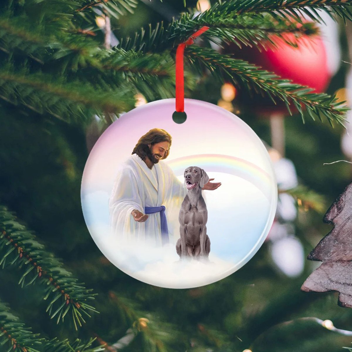 Jesus Holding Weimaraner Ceramic Ornament