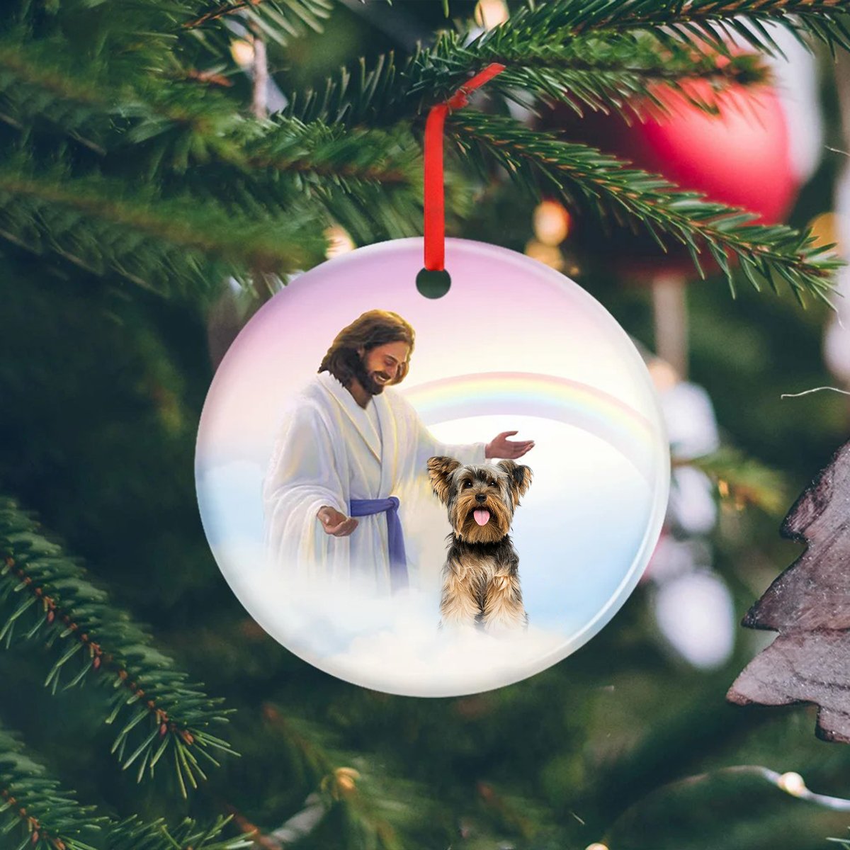 Jesus Holding Yorkshire Terrier  2 Ceramic Ornament