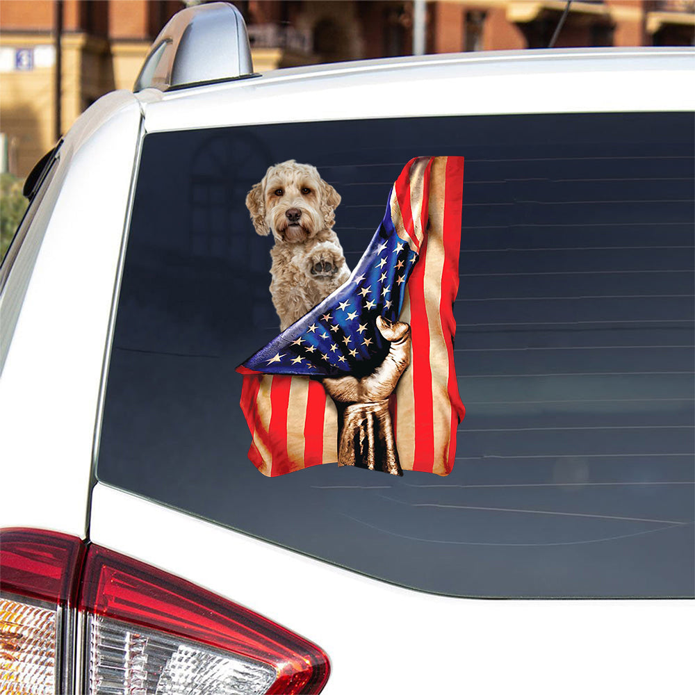 Labradoodle-American Flag Front Car Sticker