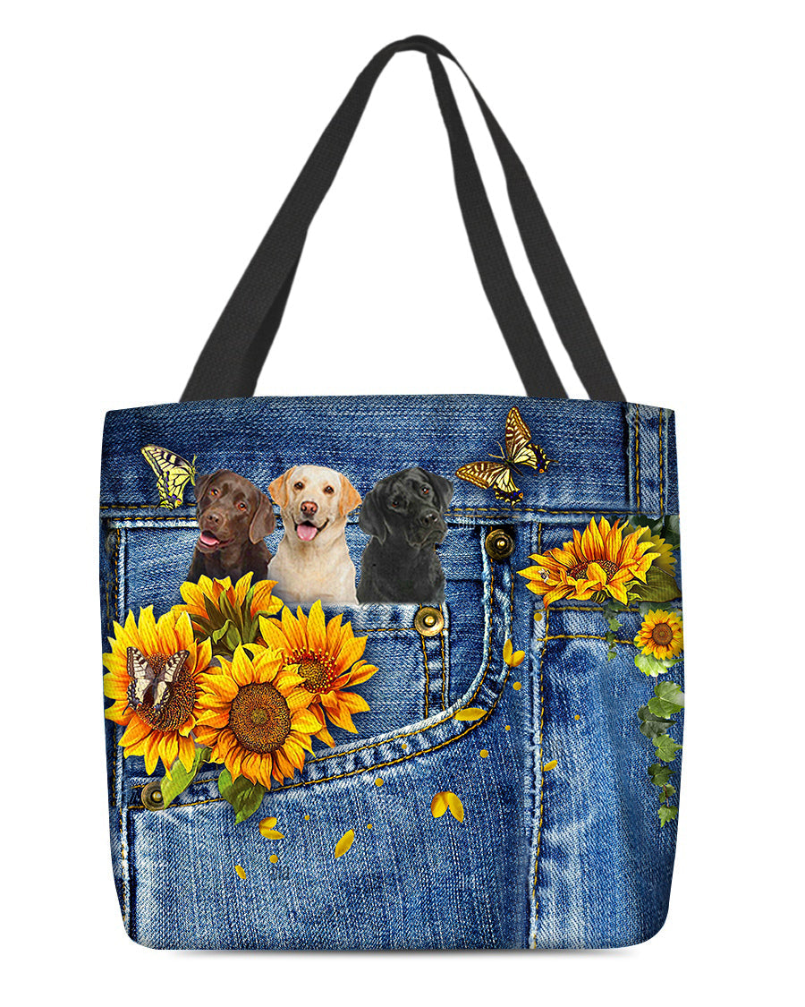 Labrador Retriever 3-Sunflowers & Butterflies Cloth Tote Bag