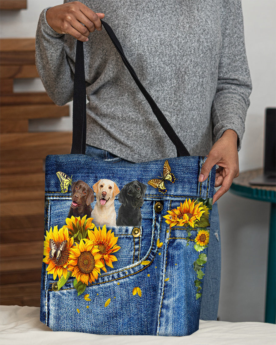 Labrador Retriever 3-Sunflowers & Butterflies Cloth Tote Bag