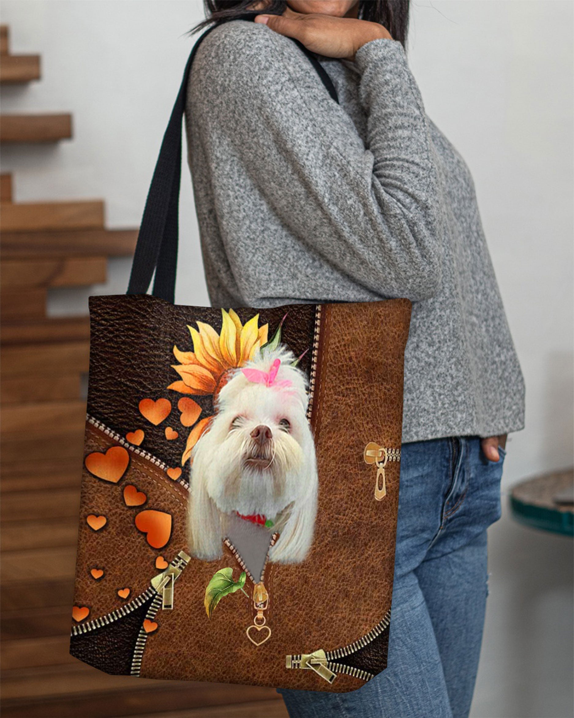 Lhasa Apso-Sunflower&zipper Cloth Tote Bag