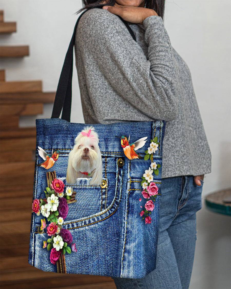 Lhasa Apso-Cardinal & Cross Flower Cloth Tote Bag