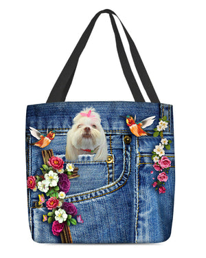 Lhasa Apso-Cardinal & Cross Flower Cloth Tote Bag