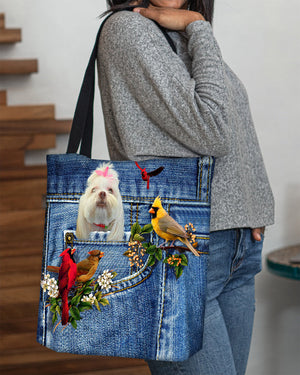 Lhasa Apso-Cardinal & Dog Cloth Tote Bag