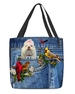 Lhasa Apso-Cardinal & Dog Cloth Tote Bag