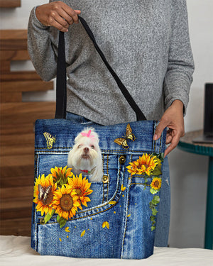 Lhasa Apso-Sunflowers & Butterflies Cloth Tote Bag